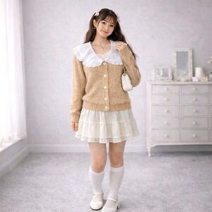 Lush Lace Collar Button Cardigan Cottagecore Coquette Whimsical Knit Size M